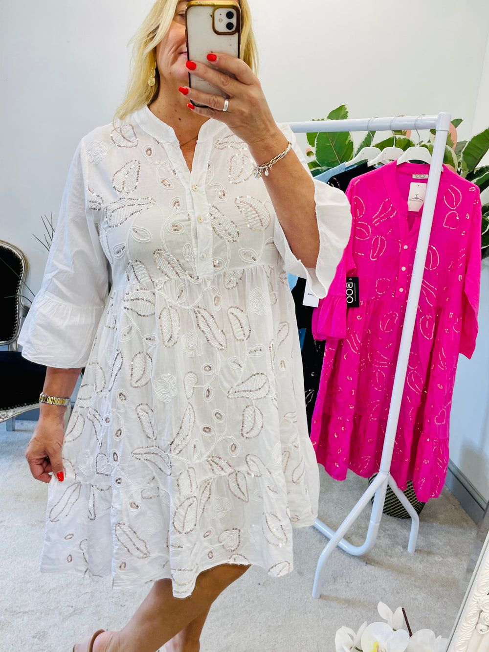 LADIES SUMMER SWING SEQUIN DRESS - WHITE, BLACK, PINK, BLUE