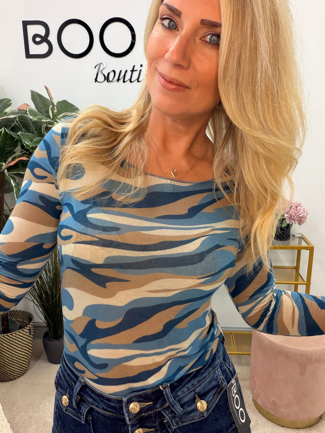 Womens sheer camouflage layer top - blue, khaki, navy & black