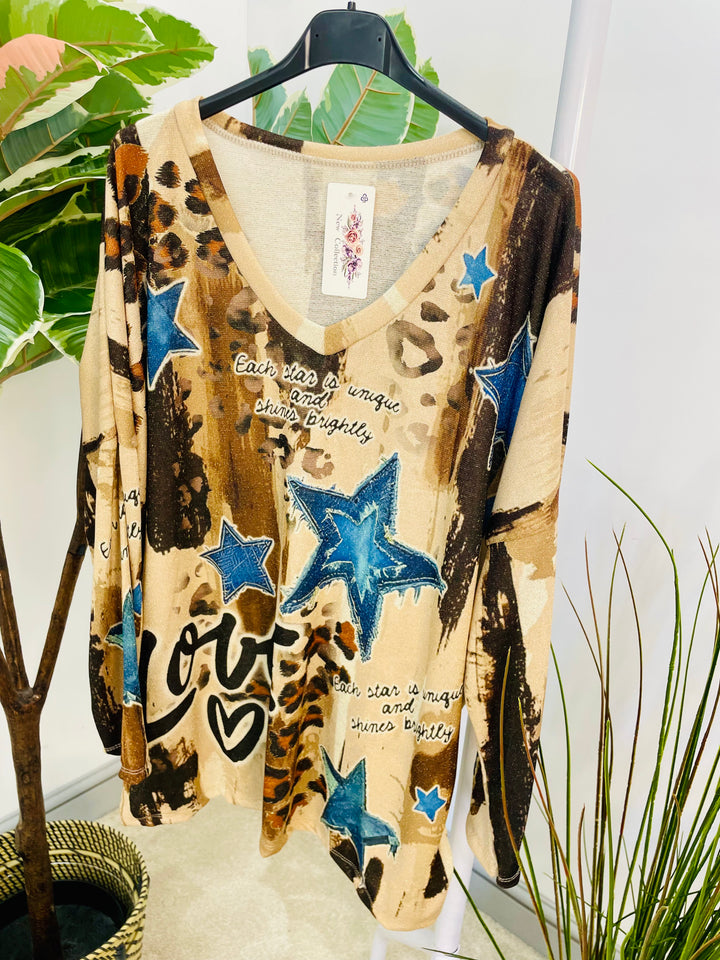 LADIES LOOSE FIT LUREX GOLD & BLUE STAR TOP
