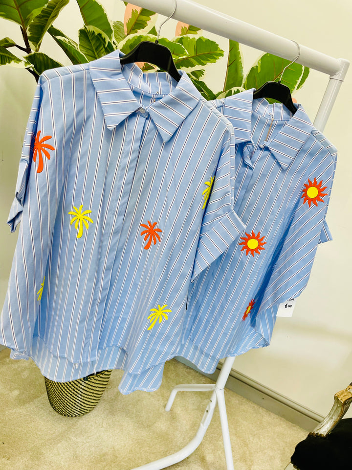 LADIES BLUE PINSTRIPE SUMMER LOOSE FIT SHIRT