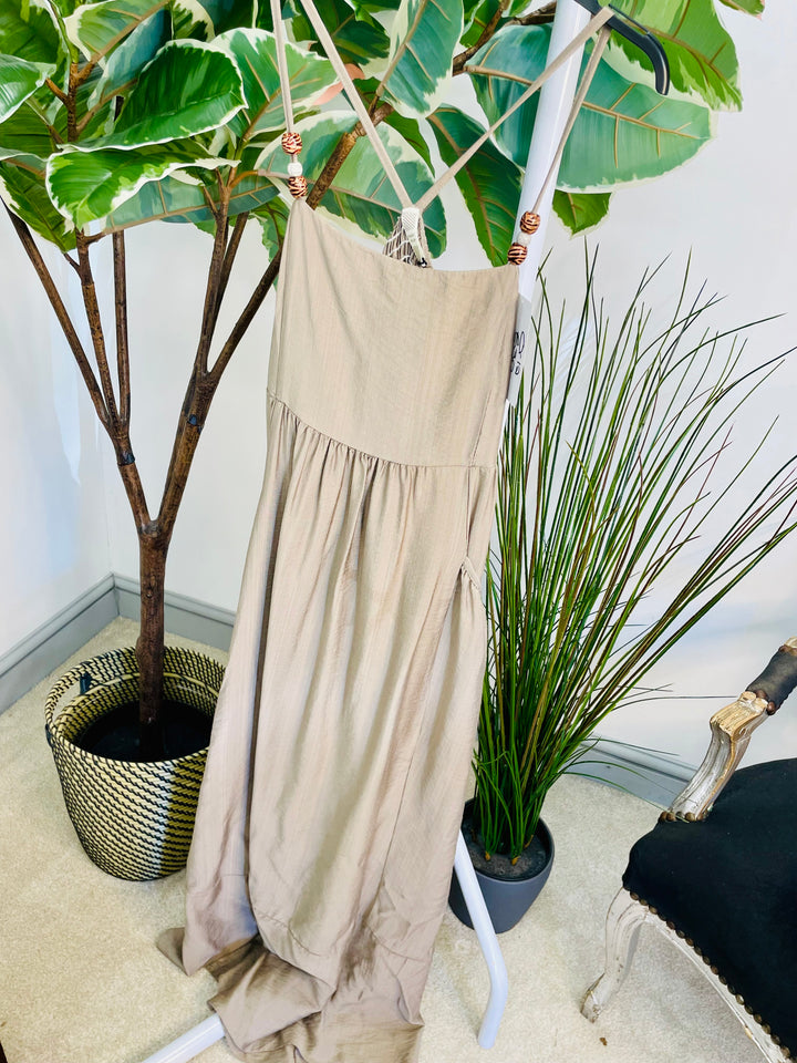 LADIES SUMMER HOLIDAY MAXI DRESS - DENIM BLUE, WHITE, BROWN, BEIGE & BLACK