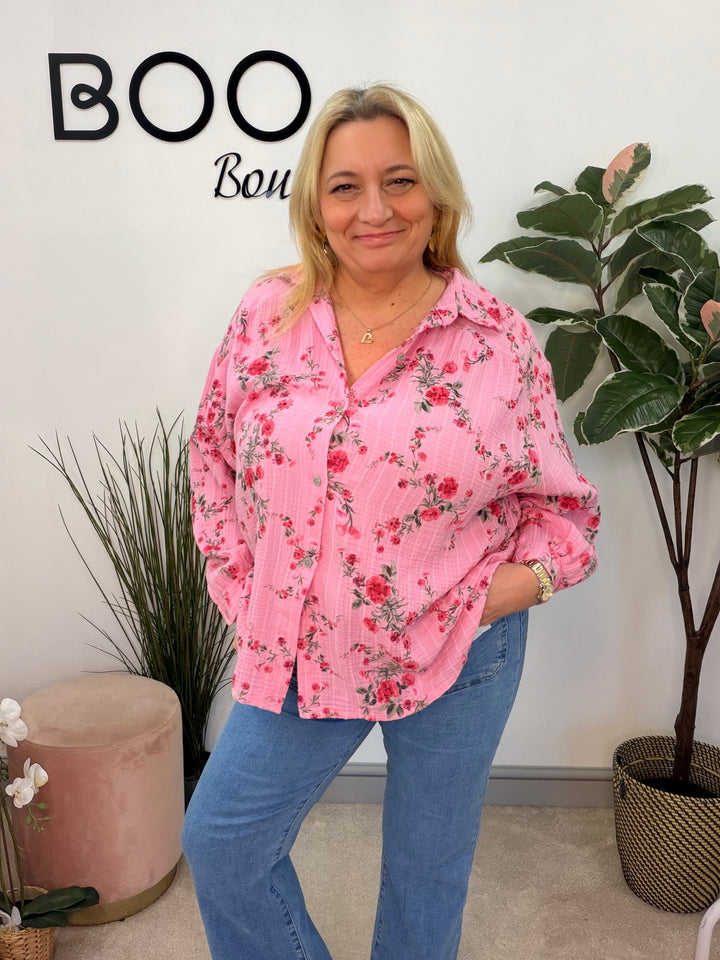 Ladies Fashion Pink Cheesecloth Long Sleeve Blouse Top