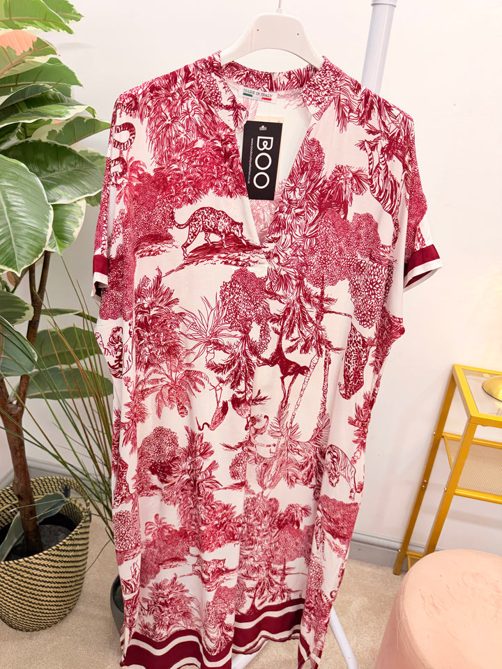 Ladies Jungle Print Loose Fit Summer Maxi Dress - Wine, Brown & Denim Blue