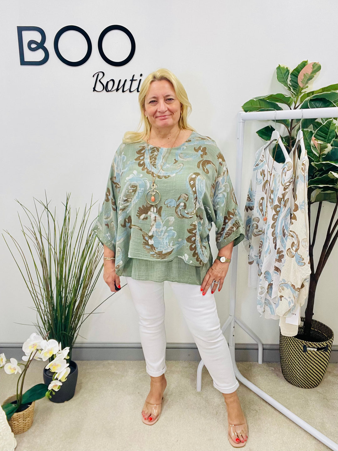 LADIES PAISLEY PRINT LINEN LOOSE FIT TOP - WHITE, BEIGE & KHAKI