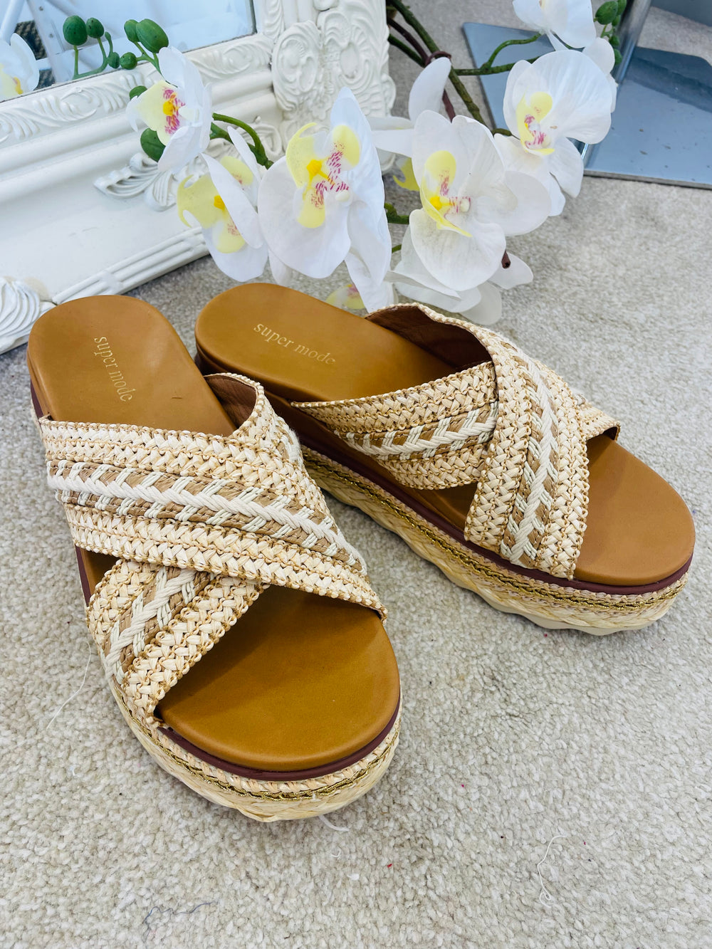 LADIES BEIGE WOVEN SUMMER HOLIDAY FLATFORM SLIDER SANDALS 