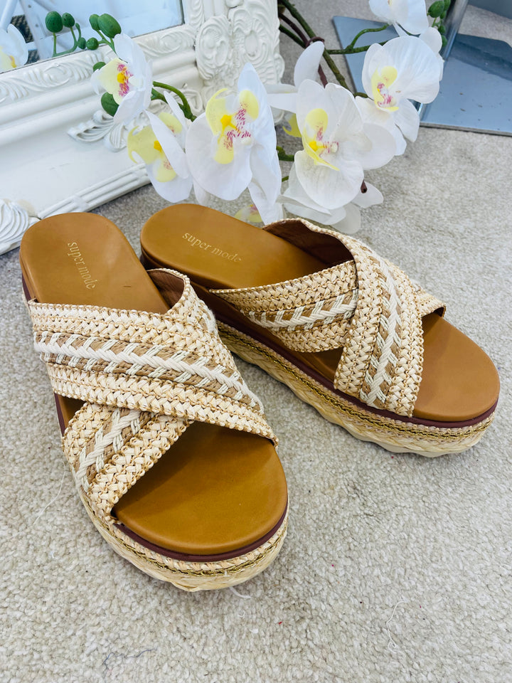 LADIES BEIGE WOVEN SUMMER HOLIDAY FLATFORM SLIDER SANDALS 