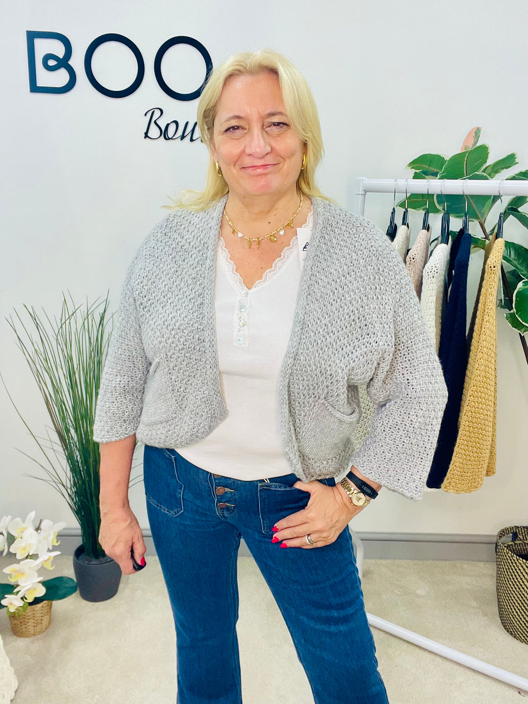 LADIES KNITTED BOLERO CARDIGAN - CREAM, PINK, NAVY, BLACK, OATMEAL, CAMEL, GREY