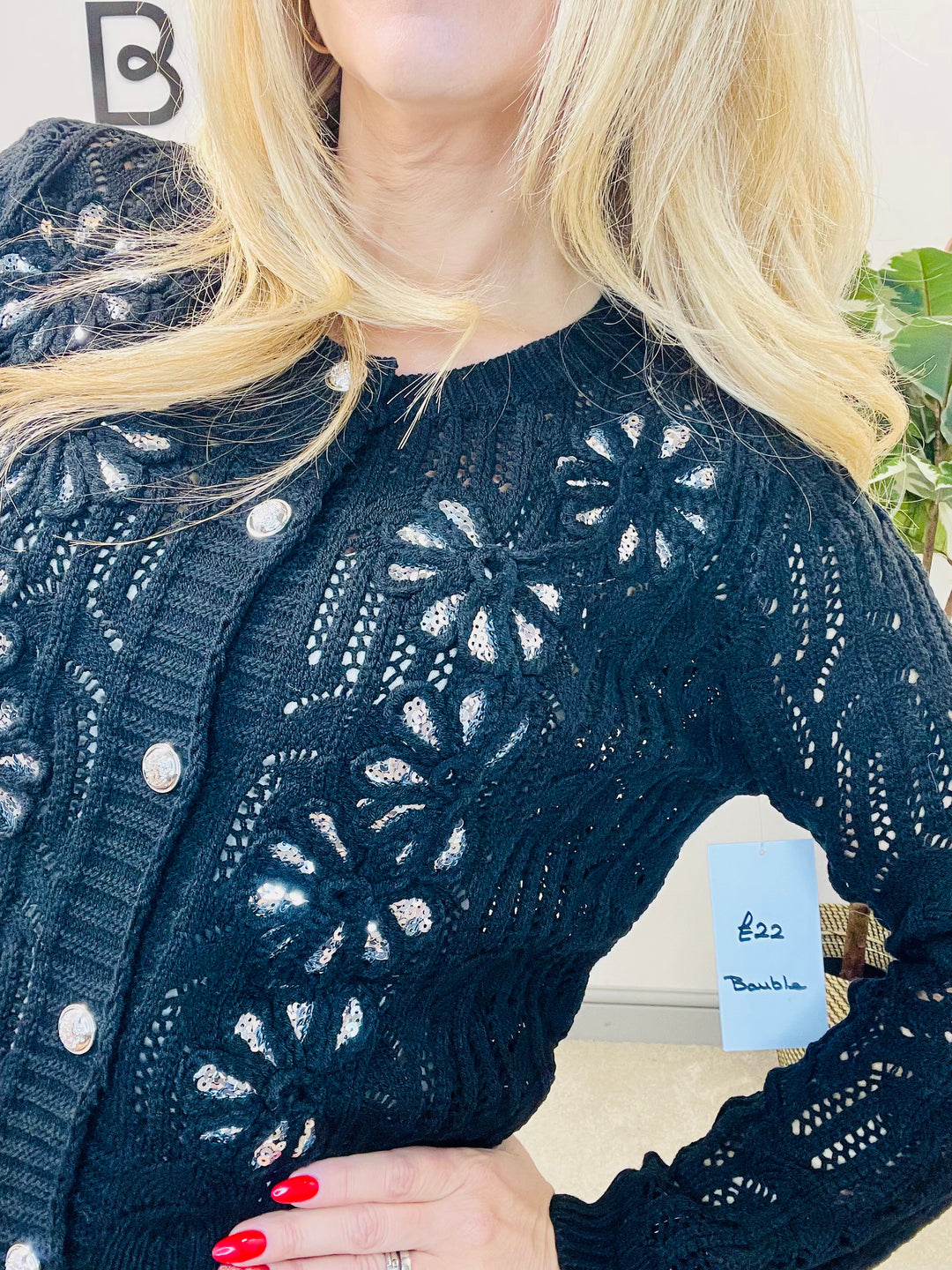 LADIES CROCHET SEQUIN CARDIGAN JUMPER - BLACK & WHITE