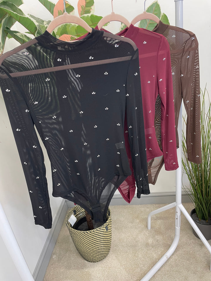LADIES SHEER DIAMANTE BODYSUIT - BLACK, WINE, BROWN