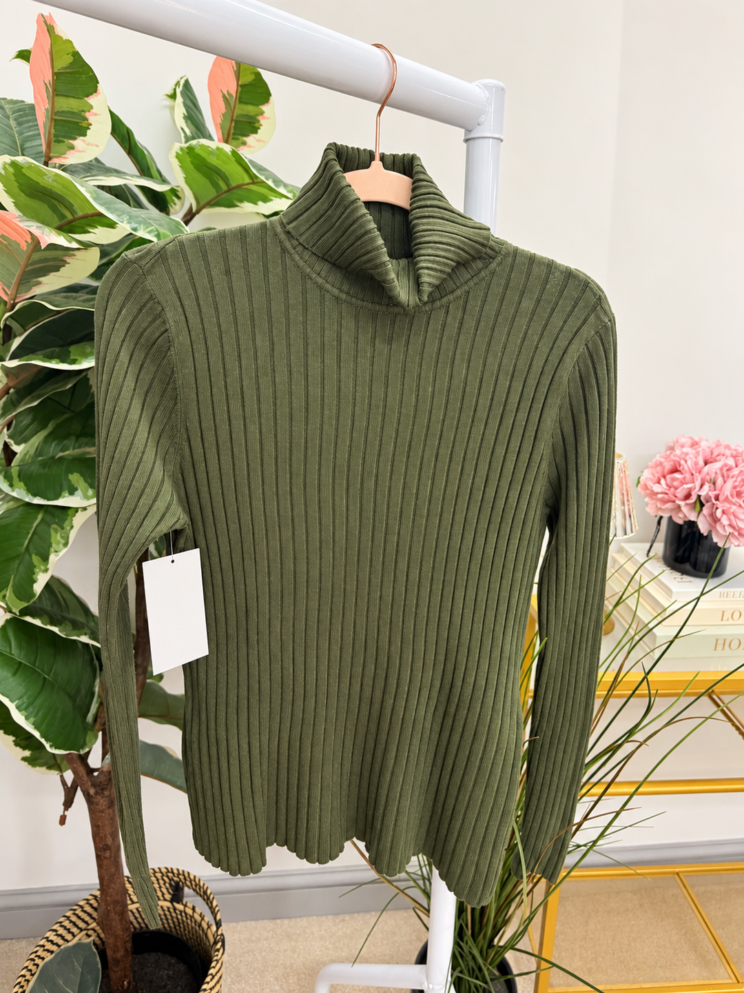 Women’s ribbed knit roll neck jumper khaki