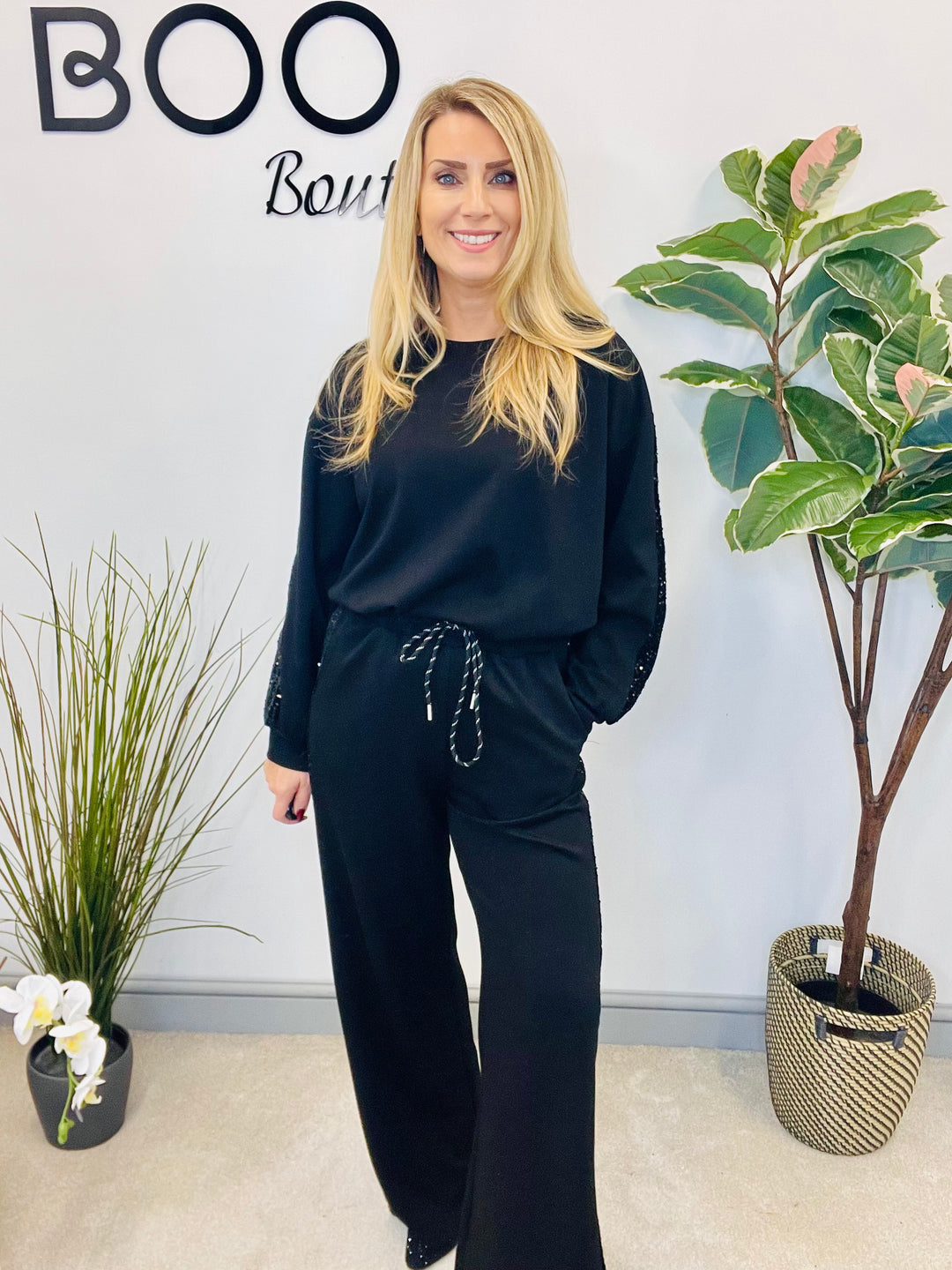 LADIES SEQUIN SCUBA WIDE LEG TROUSER CO ORD SET - BROWN, BLACK, NAVY