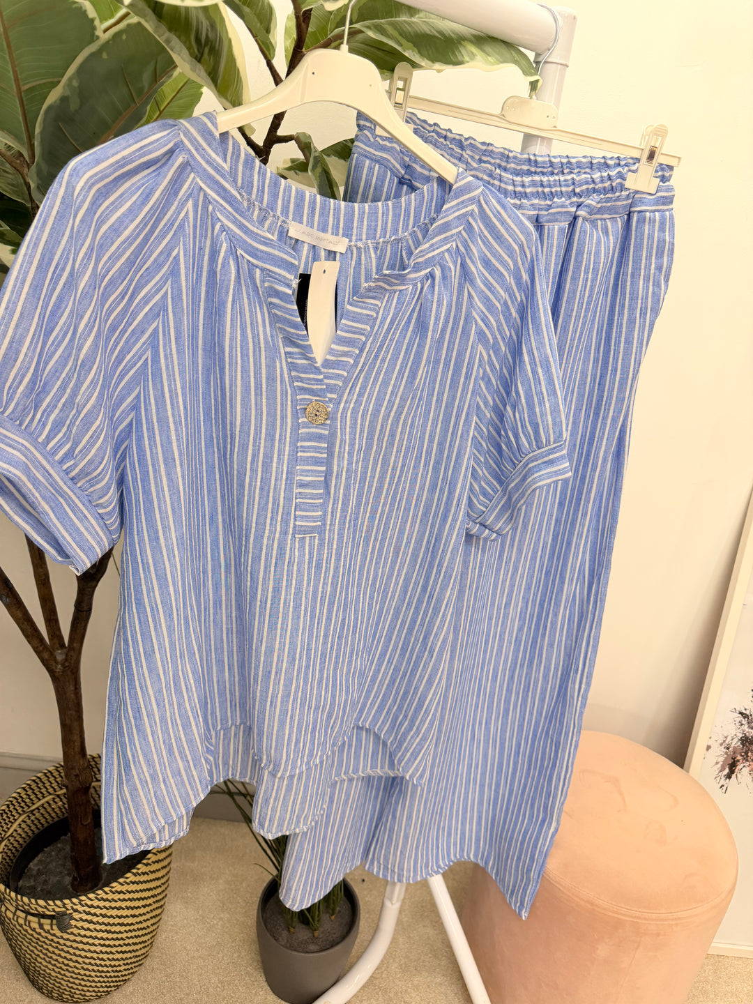 Ladies Fashion Stripe Wide Leg Trouser Co Ord Set - Khaki, Blue, White & Beige
