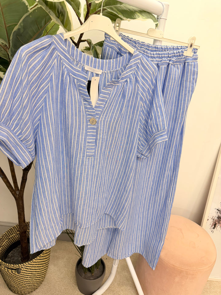 Ladies Fashion Stripe Wide Leg Trouser Co Ord Set - Khaki, Blue, White & Beige