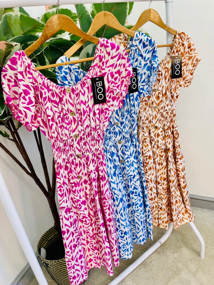 LADIES SUMMER MIDI DAY DRESS - PINK, BLUE, BROWN