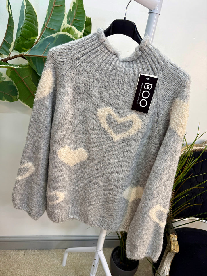 LADIES FASHION CHUNKY KNIT HEART JUMPER - PINK, BLUE, BEIGE & GREY