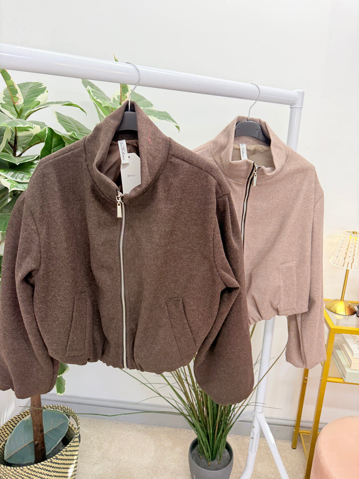 Ladies Fashion Felt Bomber Jacket - Mocha & Brown