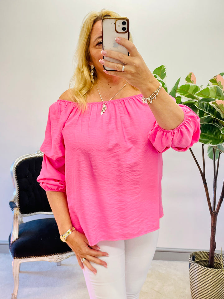 LADIES WOMENS BARDOT CASUAL PLAIN TOP BLOUSE IN BLACK, PINK, WHITE & BLUE