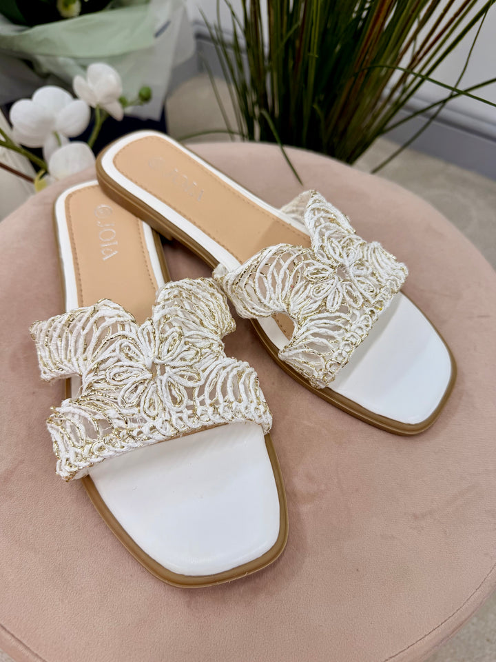 WOVEN SLIDER SANDALS ( 256 ) - white and pink