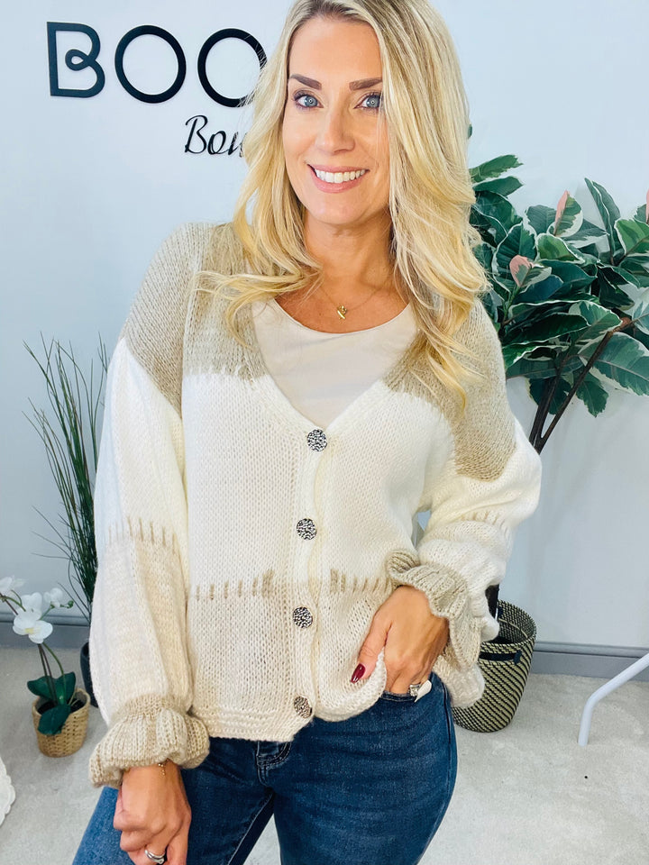 LADIES COLOUR BLOCK CARDIGAN - BEIGE & KHAKI