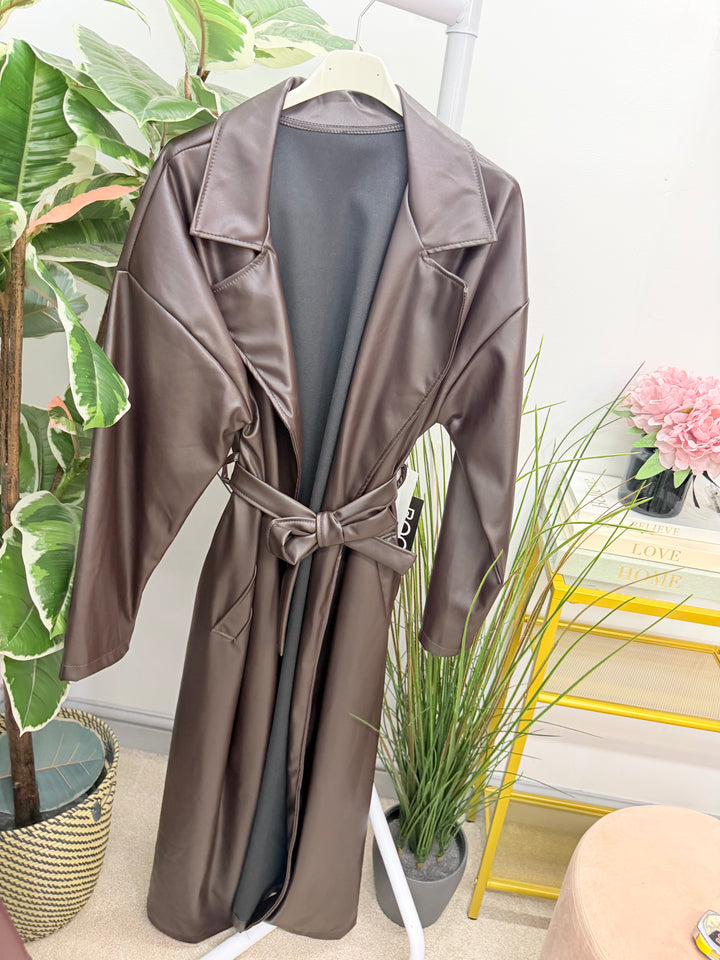 Womens fashion faux leather trench coat - plum, black & brown