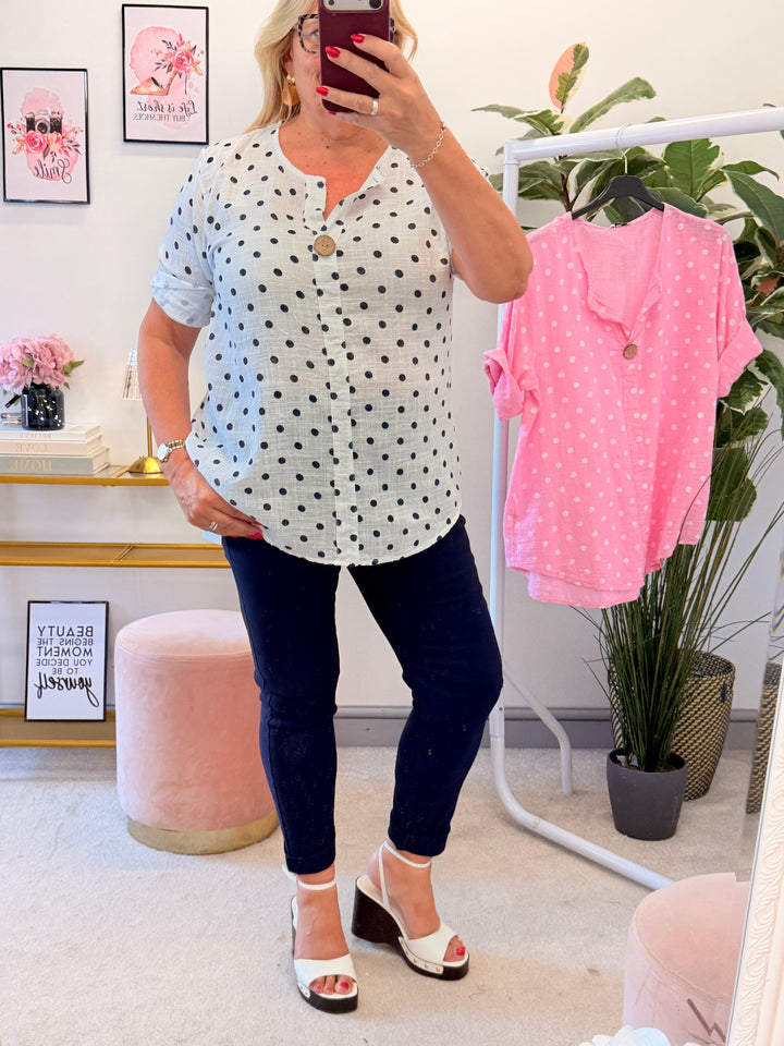 Ladies Polka Dot Light Linen Grandad Top - White & Pink