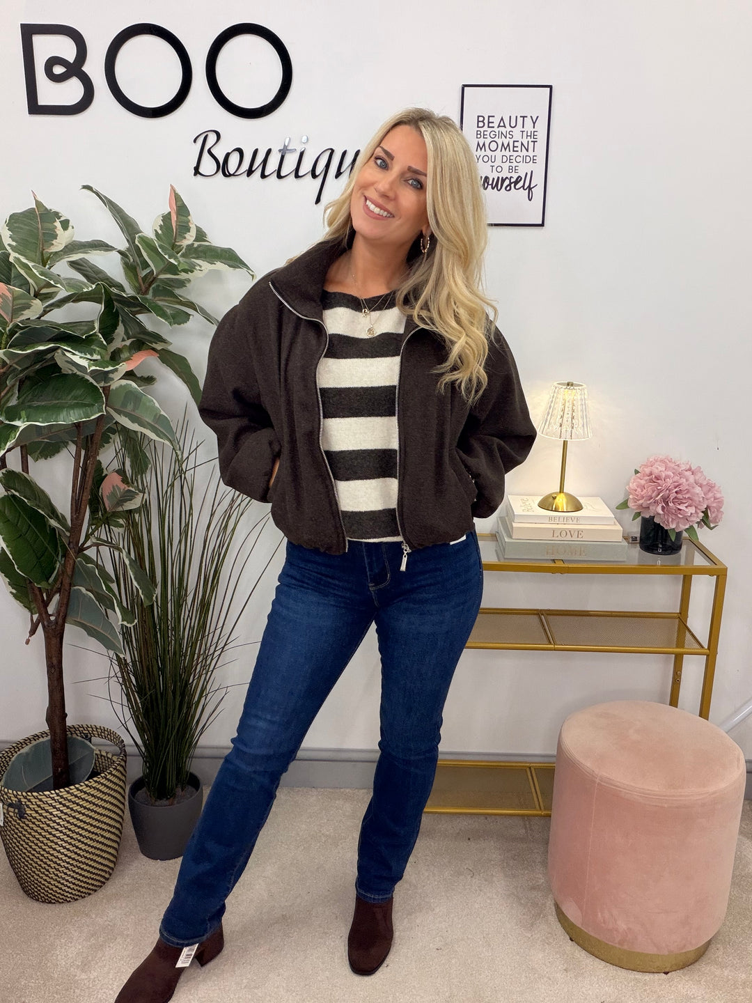 Ladies Fashion Felt Bomber Jacket - Mocha & Brown