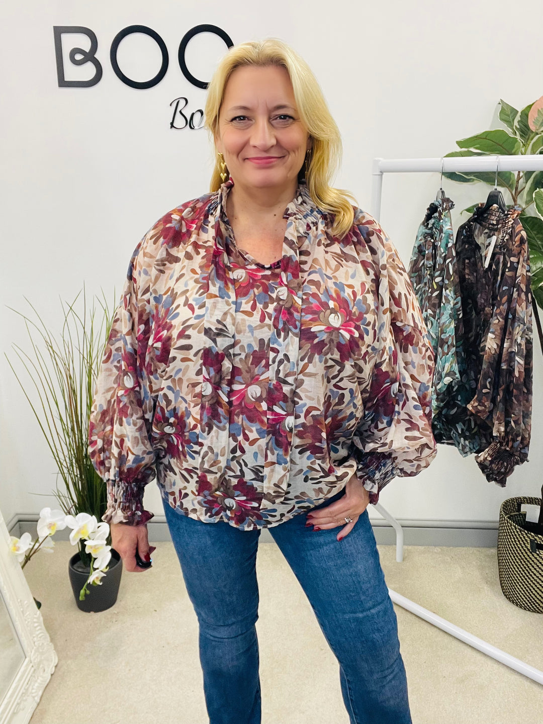 LADIES LEAF PRINT HIGH NECK BLOUSE - BEIGE, BROWN, TEAL