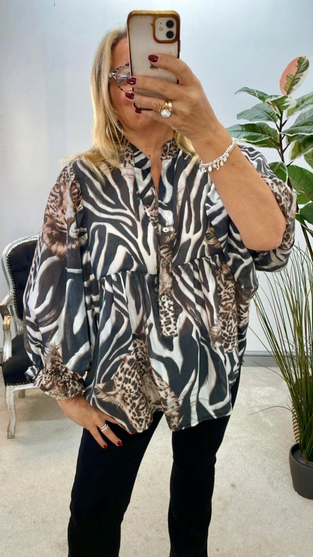 LADIES ZEBRA & LEOPARD PRINT LOOSE FIT BLOUSE TOP - BURGUNDY, BLACK & BEIGE