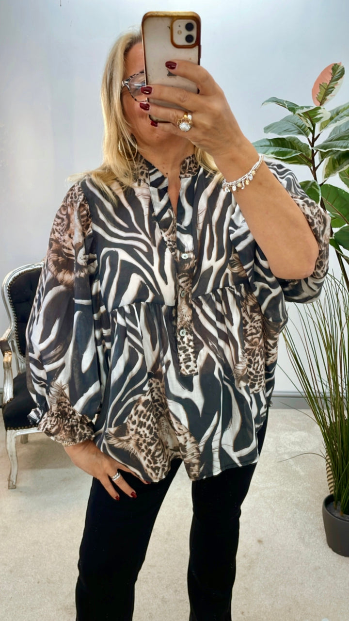 LADIES ZEBRA & LEOPARD PRINT LOOSE FIT BLOUSE TOP - BURGUNDY, BLACK & BEIGE