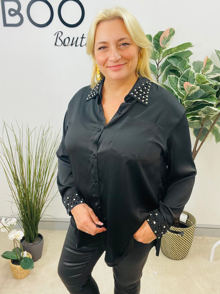 LADIES SILKY PEARL DIAMANTE SHIRT BLOUSE - CREAM & BLACK