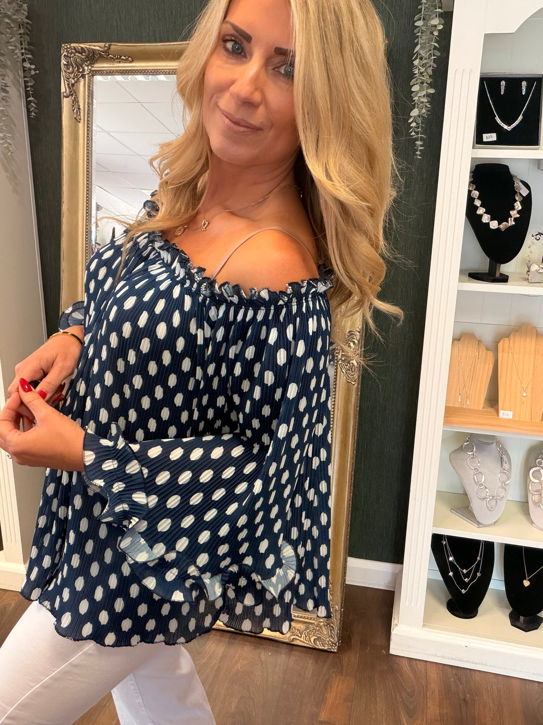 Ladies Pleated Polka Dot Bardot Top - White, Black, Navy & Beige