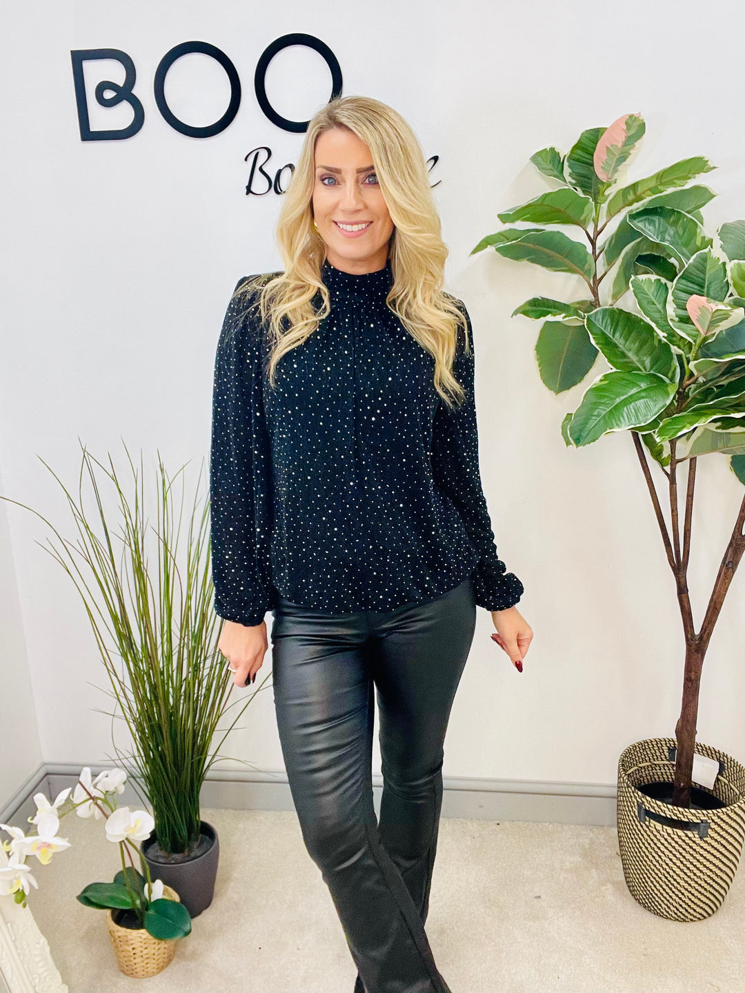 LADIES LUREX BLOUSON HIGH NECK TOP - BLACK & BRONZE