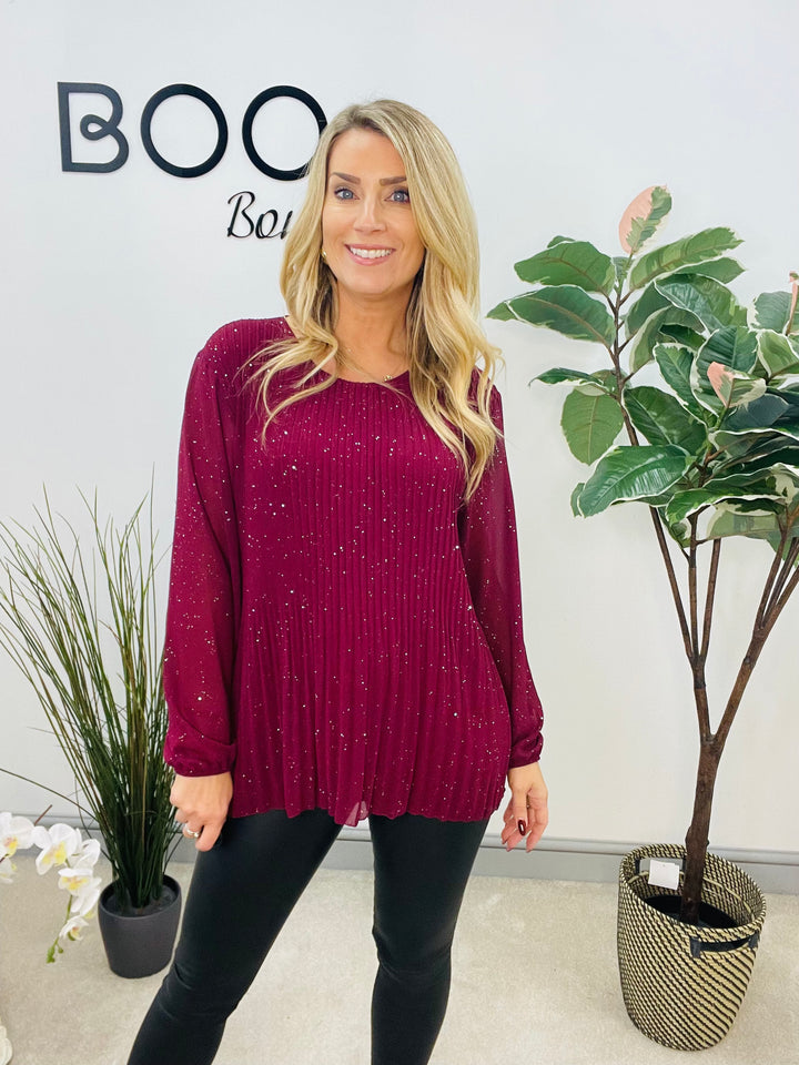 LADIES CHIFFON PLEATED TOP - BLACK, BROWN, WHITE, RED, WINE