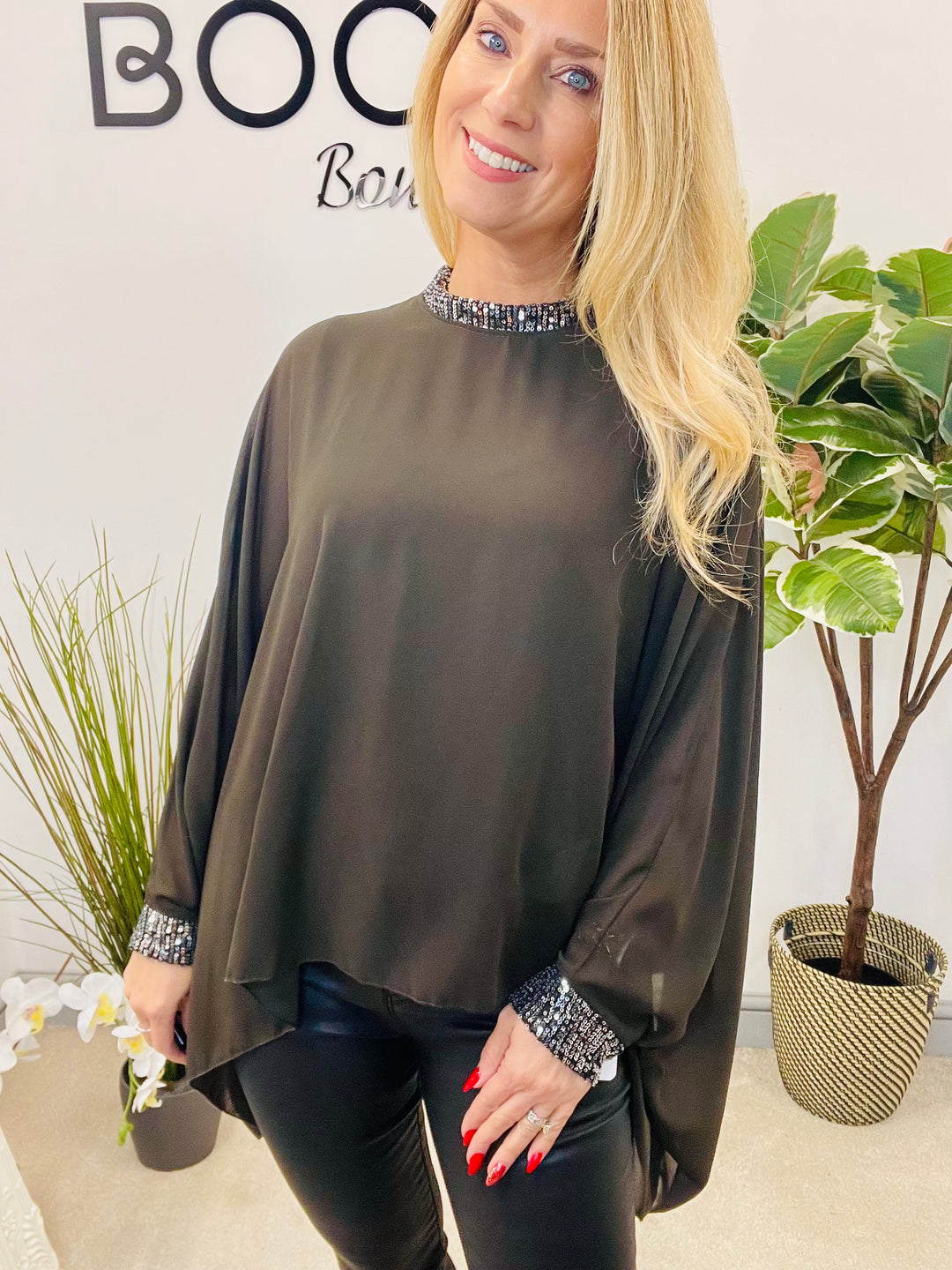 LADIES CHIFFON FLOATY SEQUIN PARTY TOP - BROWN, BLACK, BERRY