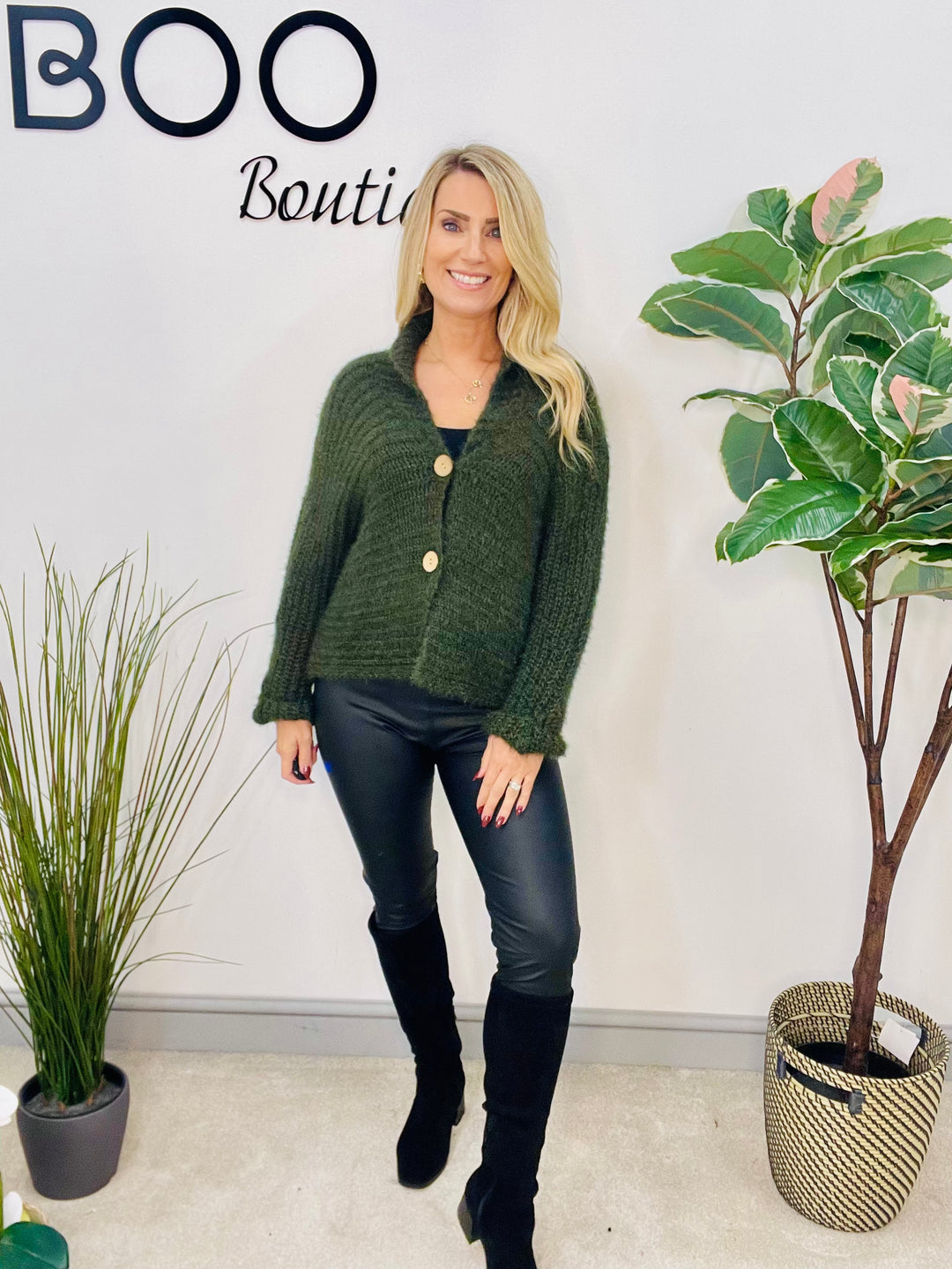 LADIES FLUFFY KNIT CARDIGAN - KHAKI, NAVY, GREY, BLACK, BEIGE, BROWN