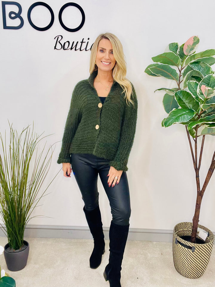 LADIES FLUFFY KNIT CARDIGAN - KHAKI, NAVY, GREY, BLACK, BEIGE, BROWN