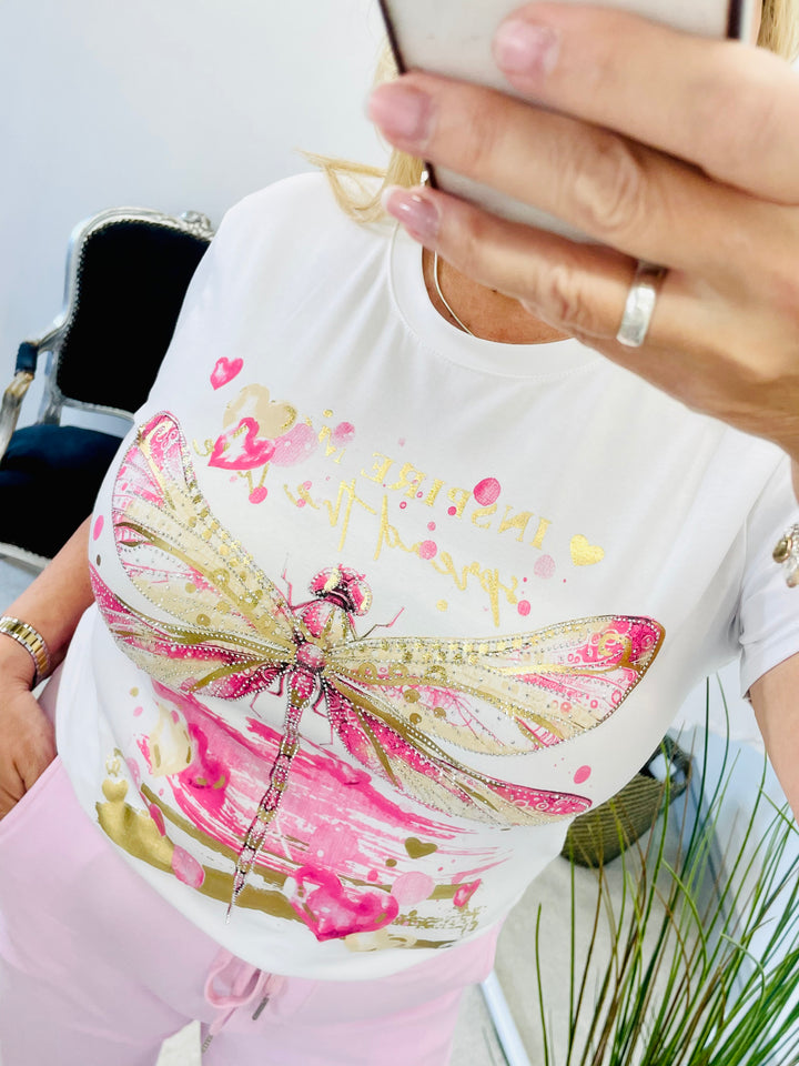 LADIES WOMENS WHITE DIAMANTE T TEE SHIRT - PINK, BLUE & NAVY