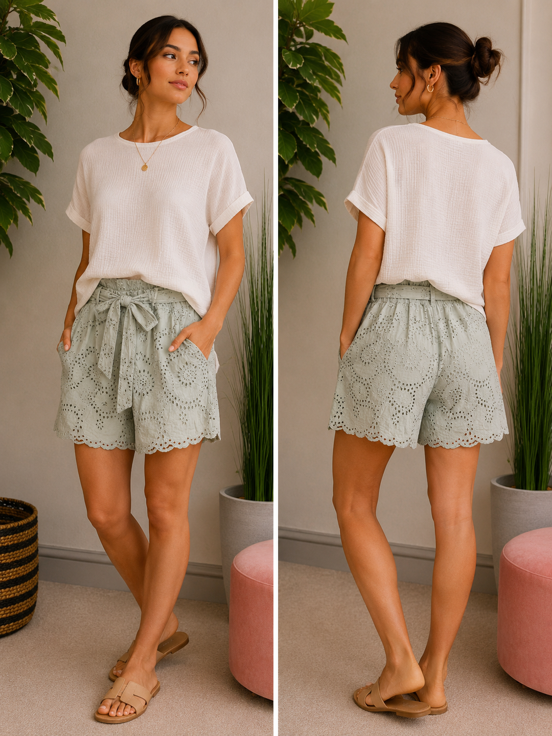 Ladies Broderie Anglaise Cotton Shorts - Brown, White, Coral, Khaki, Black & Beige