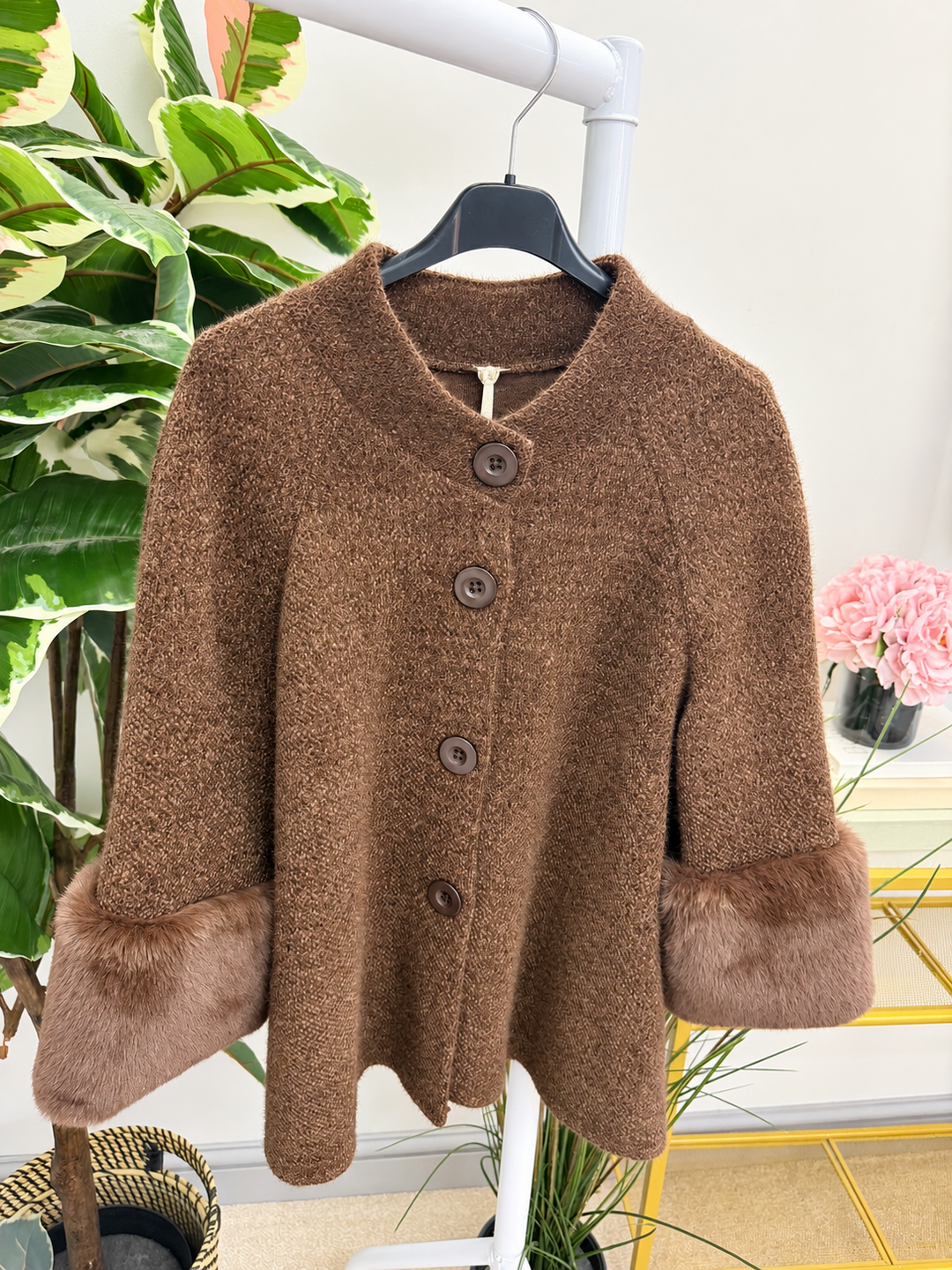 Women's chenille faux fur cuff cape jacket - black, cream, khaki & brown