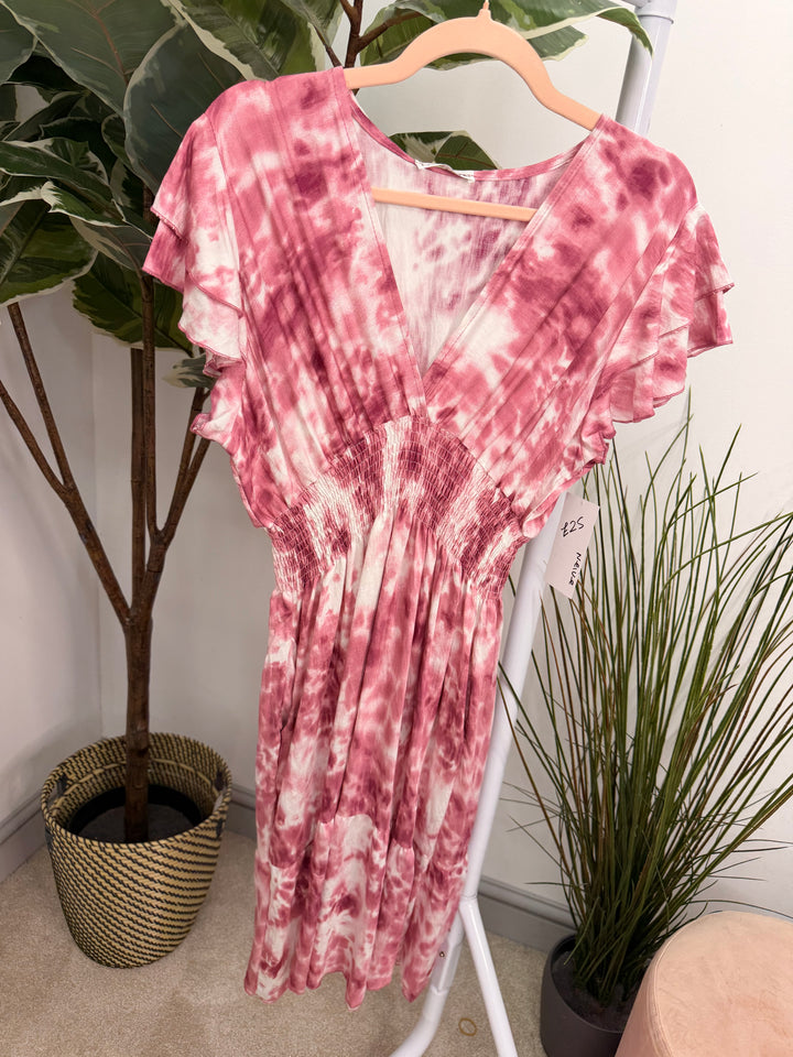 Ladies Tie Dye Summer Day Dress - Pink, Blue, Beige & Green