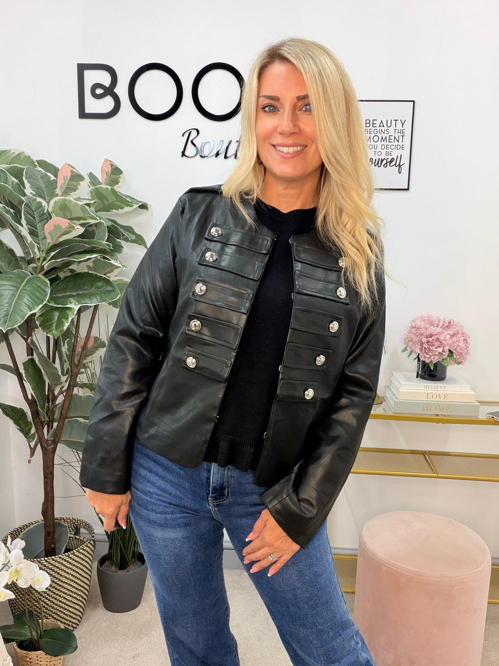 Ladies Fashion Faux Leather Military Jacket - Black & Brown