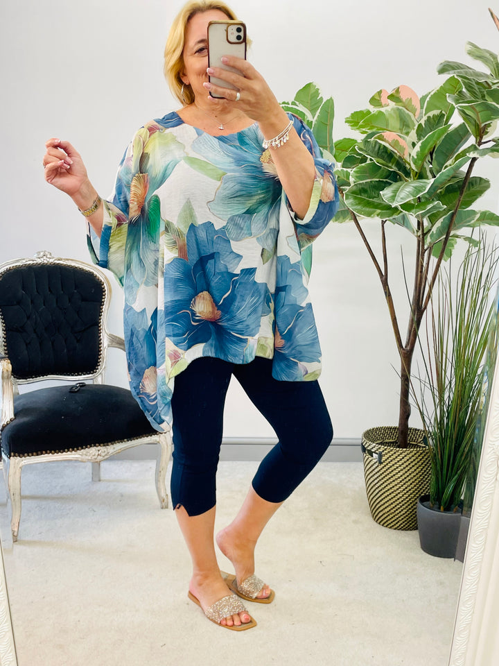 LADIES WOMENS NAVY BLUE FLOATY FEMININE FLORAL PRINT LOOSE FIT TOP BLOUSE