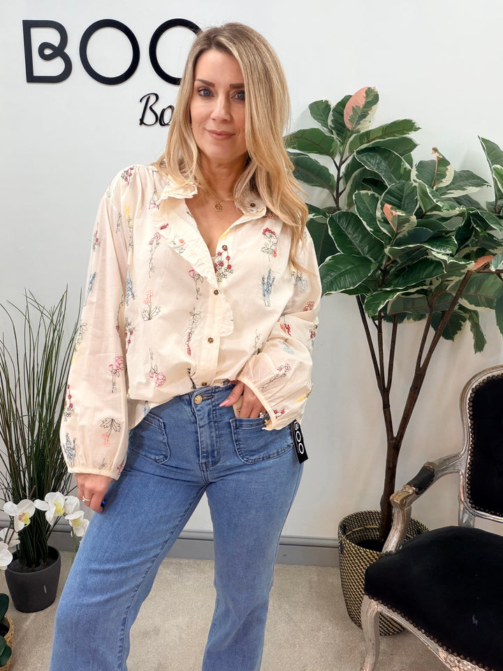 LADIES CREAM EMBROIDERED BLOUSE SHIRT