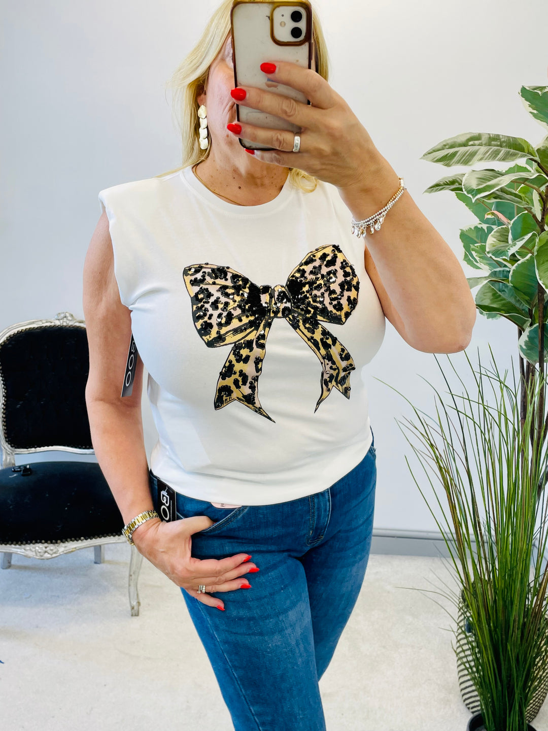 LADIES STRETCH SEQUIN BOW T TEE SHIRT - BLACK & WHITE