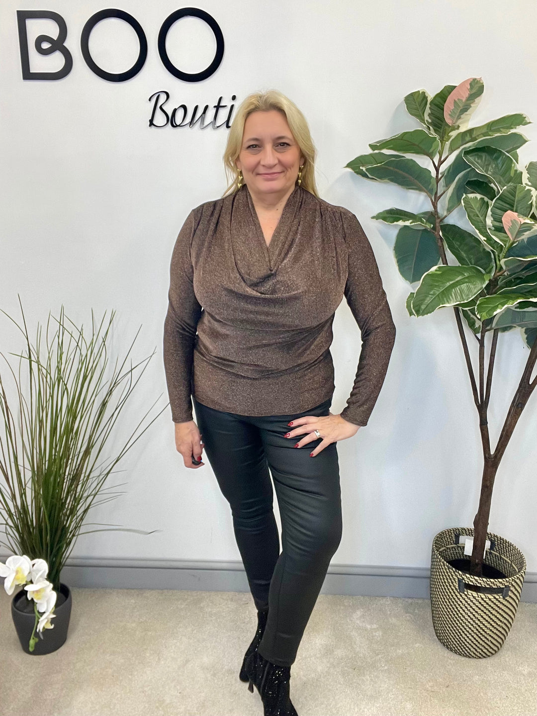 LADIES LUREX COWL NECK TOP - BLACK & BROWN