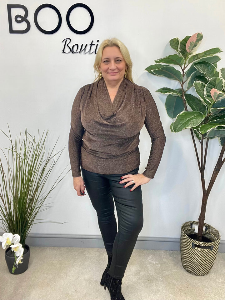 LADIES LUREX COWL NECK TOP - BLACK & BROWN