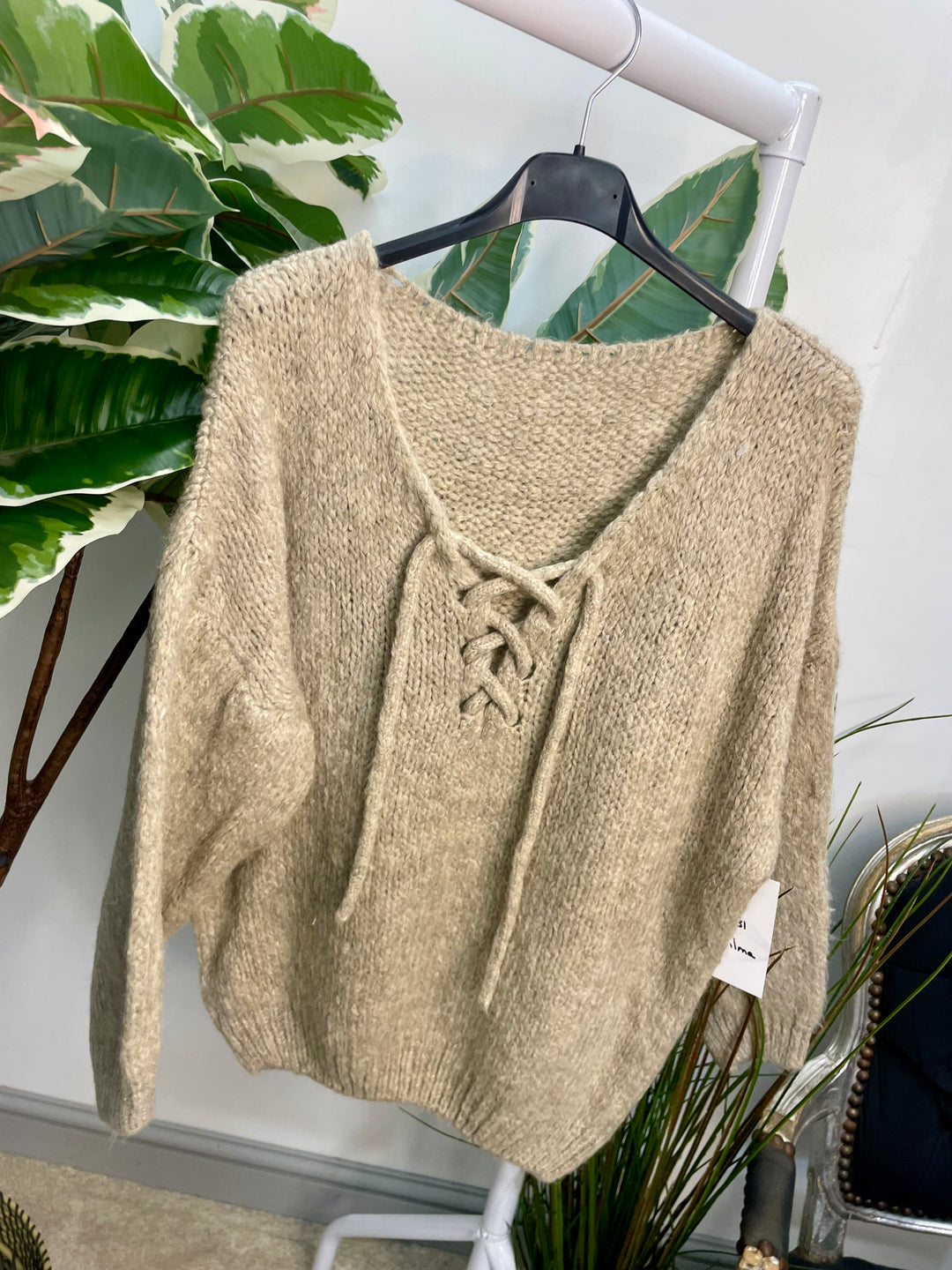 LADIES CHUNKY KNIT TIE NECK JUMPER - BLACK, BEIGE & BROWN