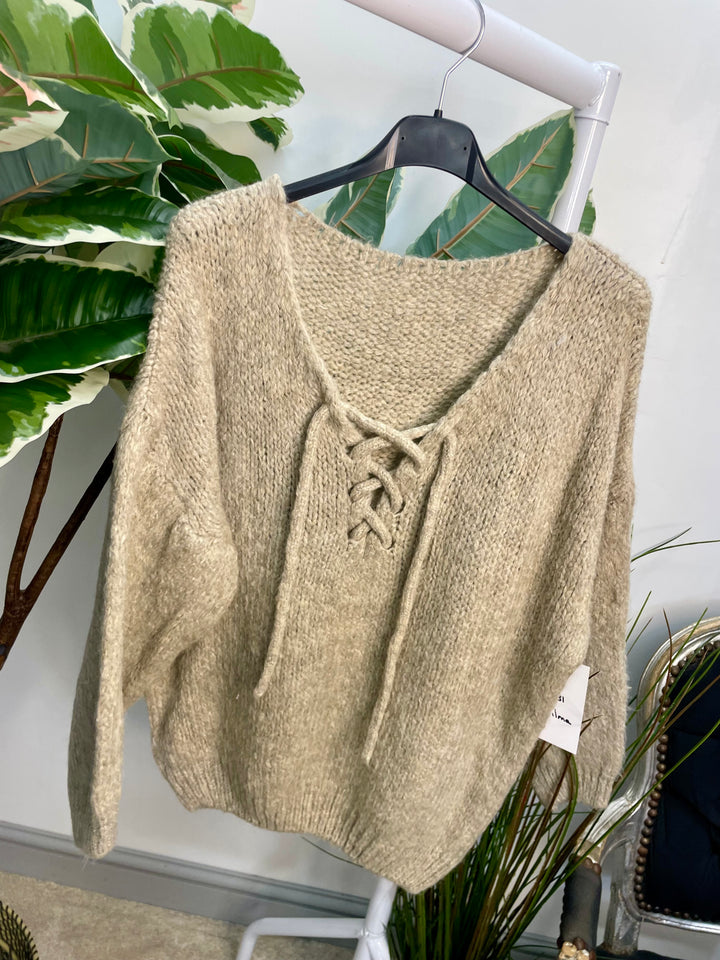 LADIES CHUNKY KNIT TIE NECK JUMPER - BLACK, BEIGE & BROWN