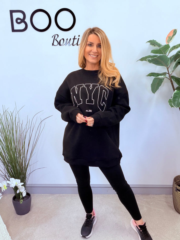 LADIES FASHION BLACK NYC LONG SWEATSHIRT TOP