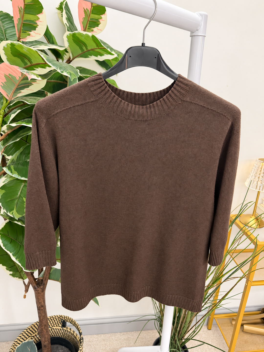 Women's 3/4 sleeve round neck jumper chocolate brown